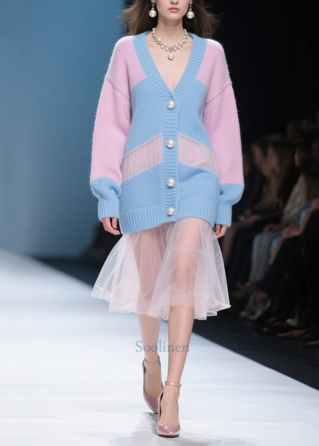 Chic Colorblock Hollow Out Patchwork Tulle Knitwear Dress Fall