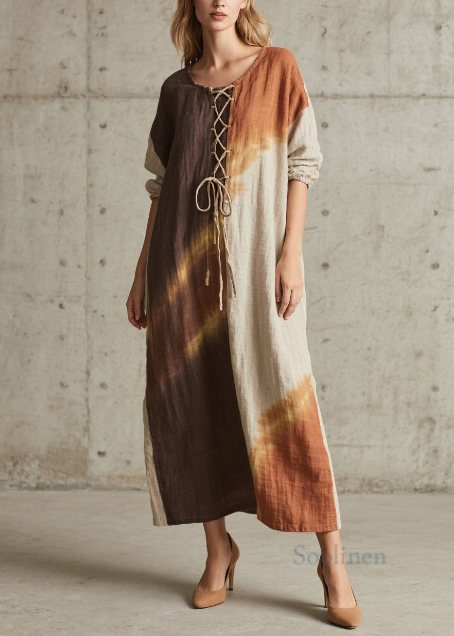 Chic Colorblock O Neck Lace Up Cotton Long Dress Fall