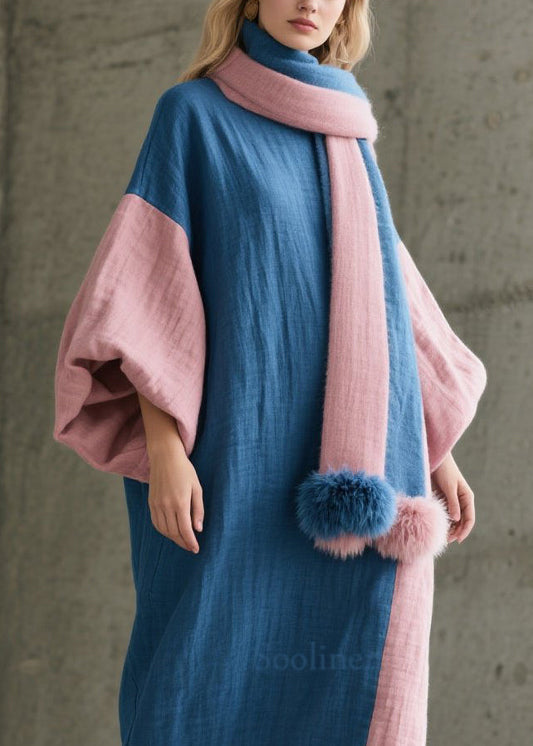 Chic Colorblock O Neck Patchwork Cotton Robe Dresses Fall