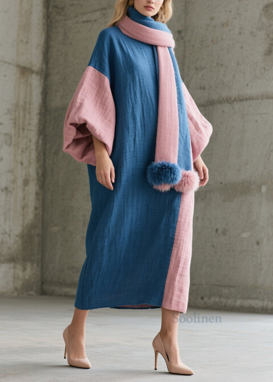 Chic Colorblock O Neck Patchwork Cotton Robe Dresses Fall