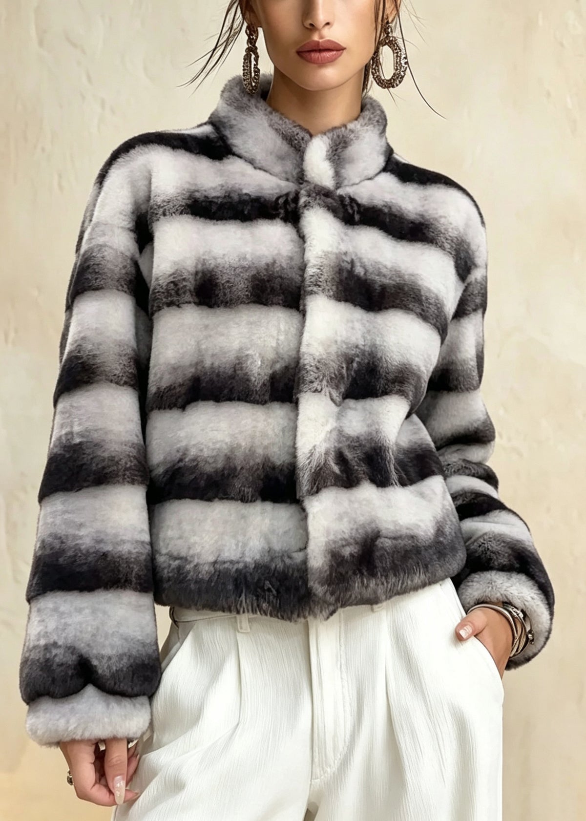 Chic Colorblock Stand Collar Faux Fur Short Coat Winter