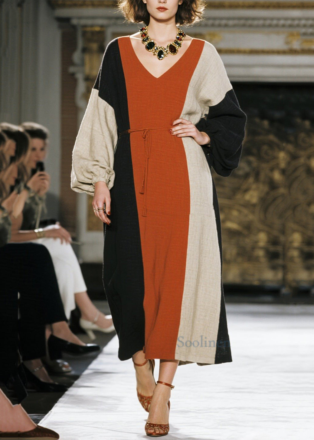 Chic Colorblock Tie Waist Asymmetrical Design Cotton Dresses Spring