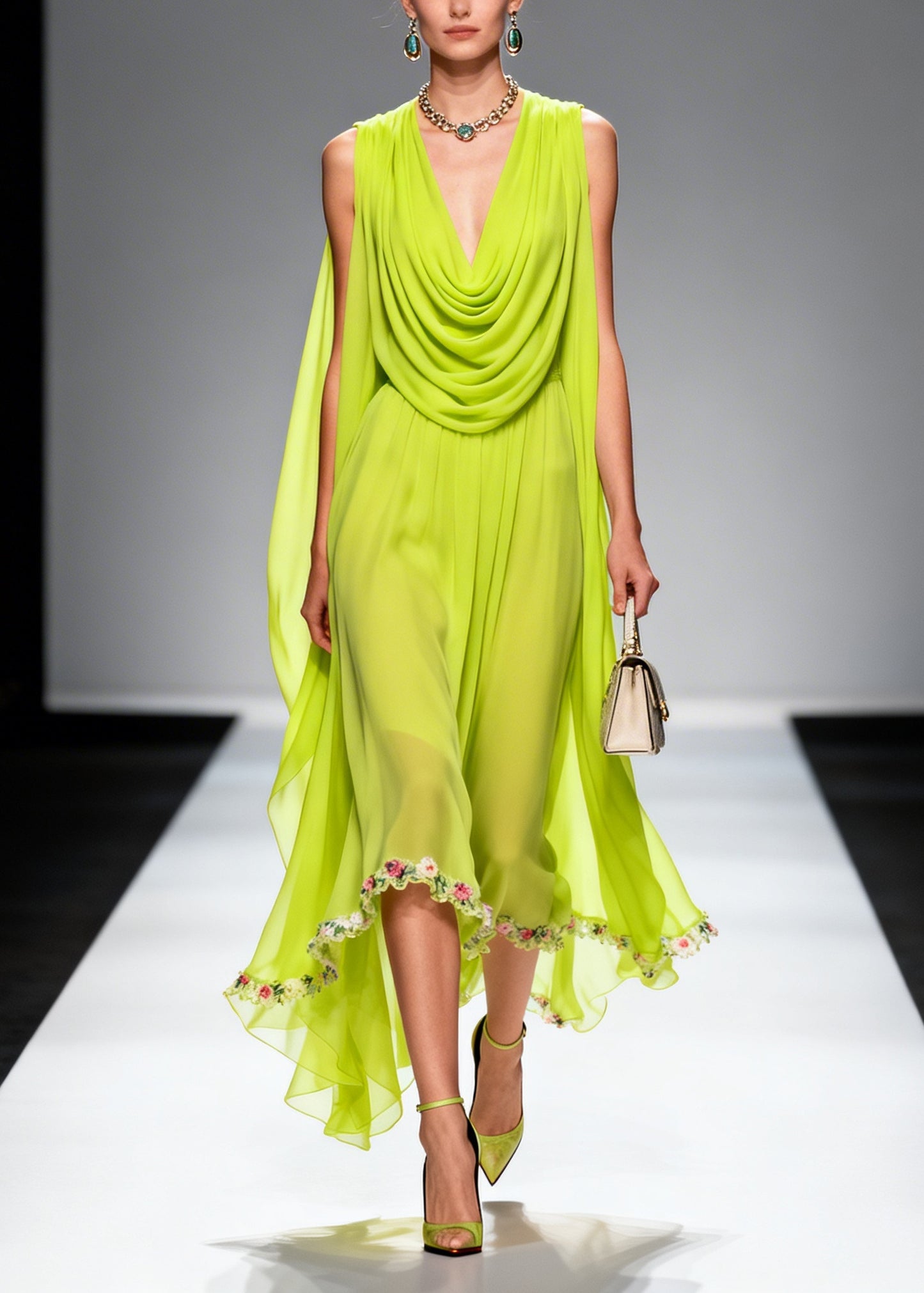 Chic Fluorescent Green Turtle Neck Floral Chiffon Long Dresses Summer