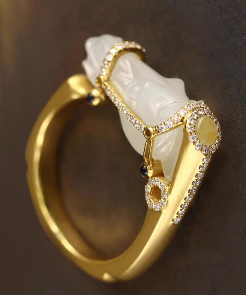Chic Gold Horse Head Jade Zircon 14K Gold Rings