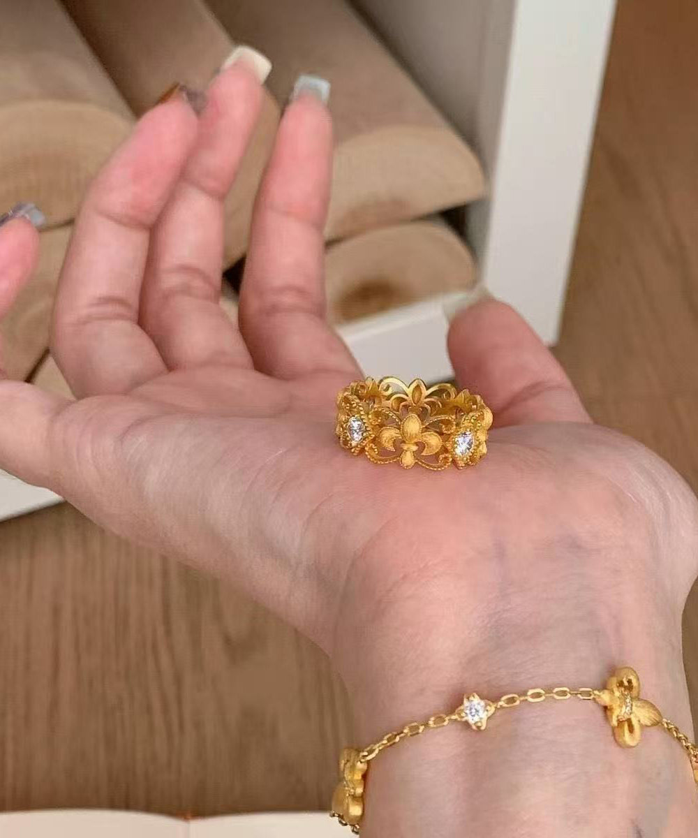 Chic Gold Sterling Silver Overgild Zircon Hollow Out Iris Lace Rings