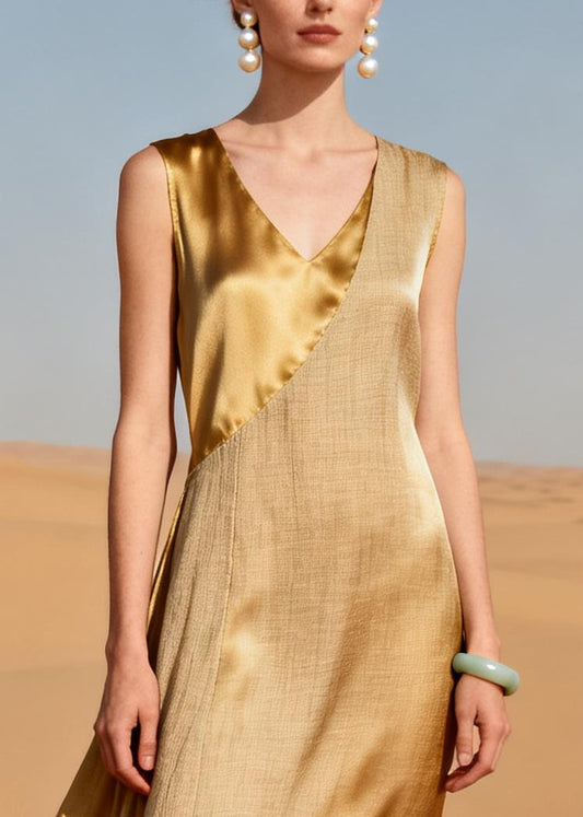 Chic Golden Asymmetrical Patchwork Silk Dress Summer