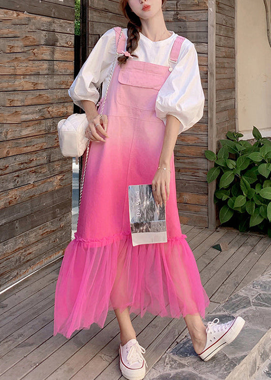 Chic Gradient Color Pockets Tulle Patchwork Denim Strap Dress Sleeveless