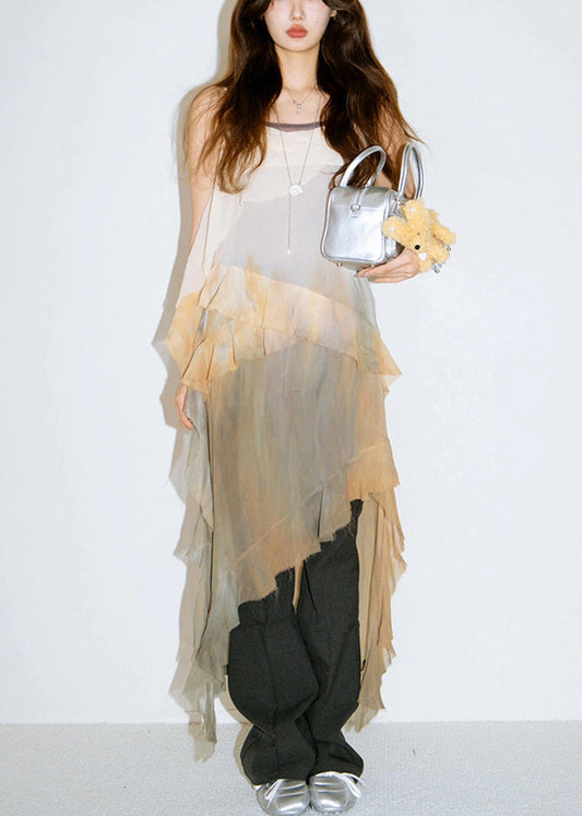 Chic Gradient Color Ruffled Low High Design Cotton Dress Sleeveless