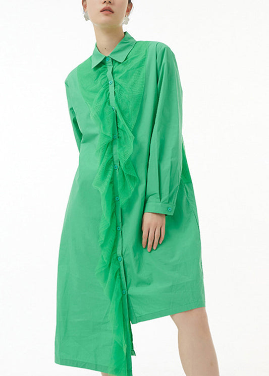 Chic Green Asymmetrical Tulle Patchwork Ruffles Cotton Shirt Dress Spring