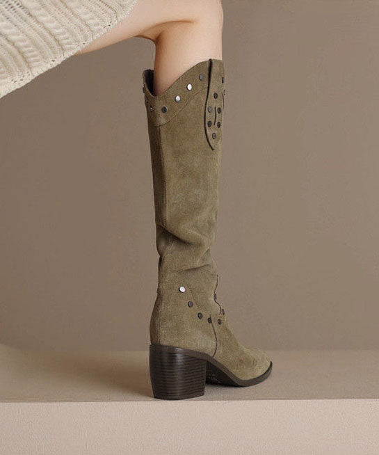 Chic Green Boots Pointed Toe Chunky Knee Boots