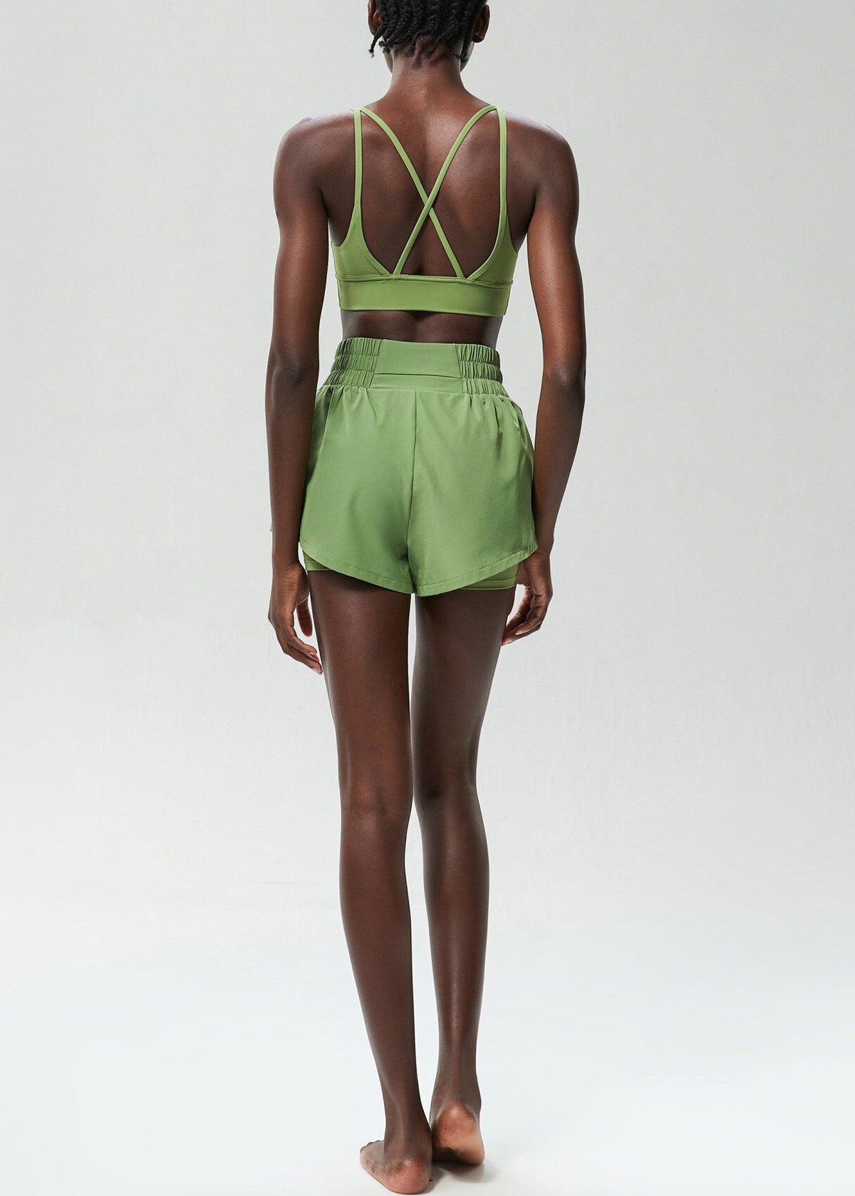 Chic Green Cross Strap Back Sports Bra High Waist Anti Exposure Shorts Two Piece Set