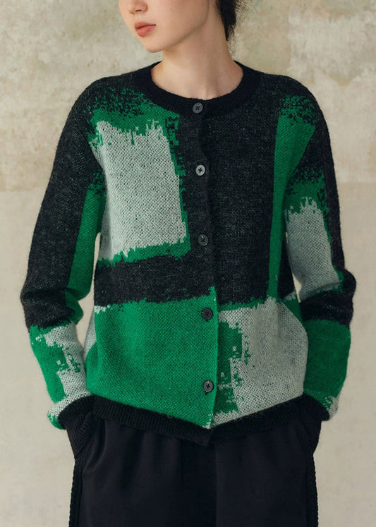 Chic Green Geometric Button Patchwork Woolen Knit Coat Fall