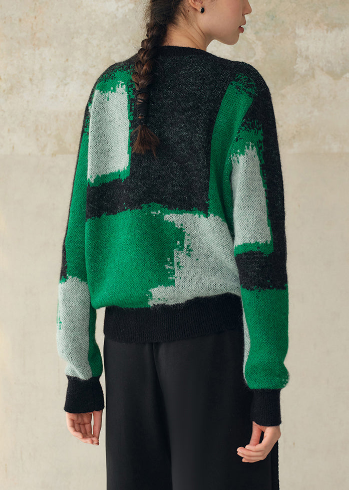 Chic Green Geometric Button Patchwork Woolen Knit Coat Fall