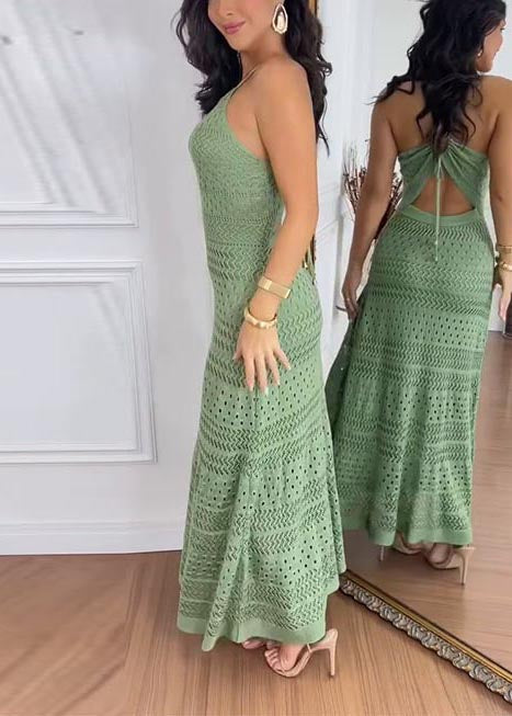 Chic Green Hollow Out Cold Waist Knit Holiday Dress Summer