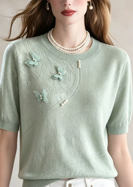 Chic Green Jacquard Butterfly Nail Bead Thin Knit Tops Summer