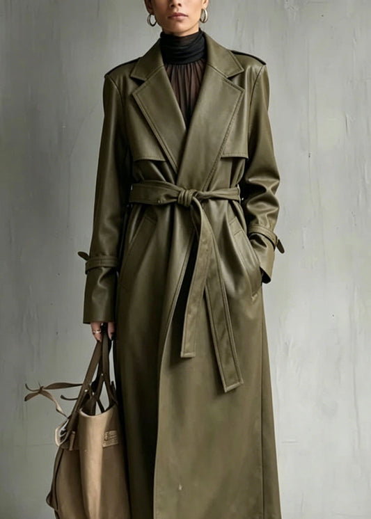 Chic Green Peter Pan Collar Pockets Faux Leather Trench Fall