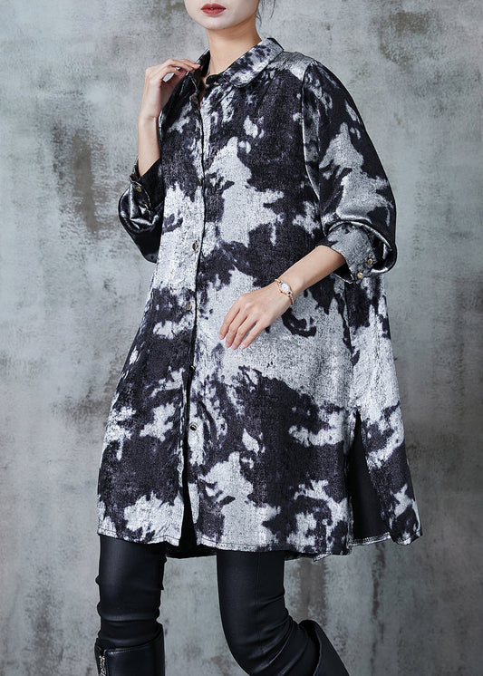 Chic Grey Oversized Tie Dye Silk Printing Shirt Dress Fall