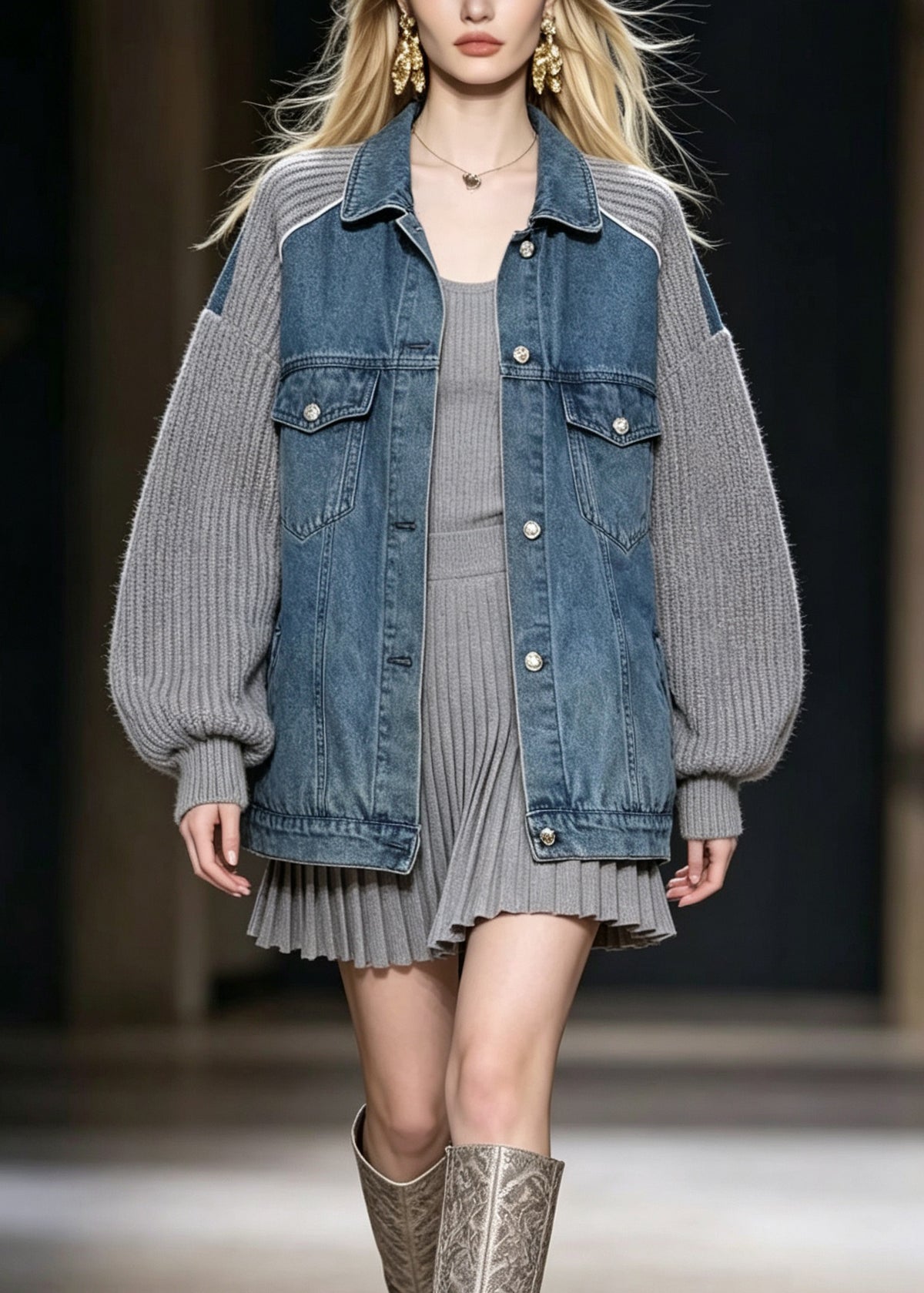 Chic Grey Peter Pan Collar Pockets Denim Patchwork Knit Coats Fall
