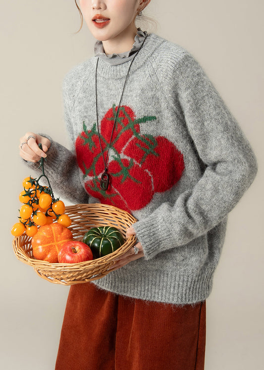 Chic Grey Print Chunky Oversized Knitted Tops Winter