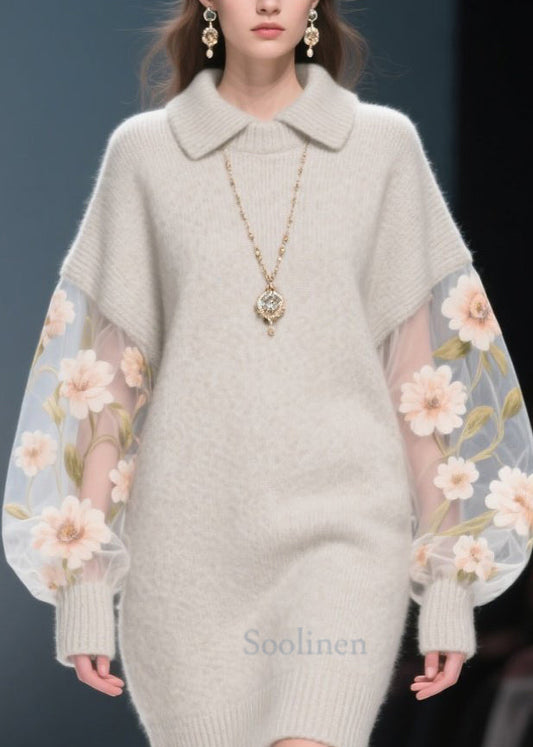 Chic Grey Tulle Floral Patchwork Knit Sweater Dress Winter