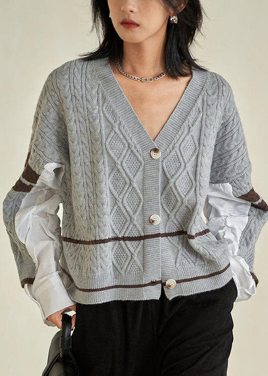 Chic Grey V Neck Button Cotton Knit Top Fall