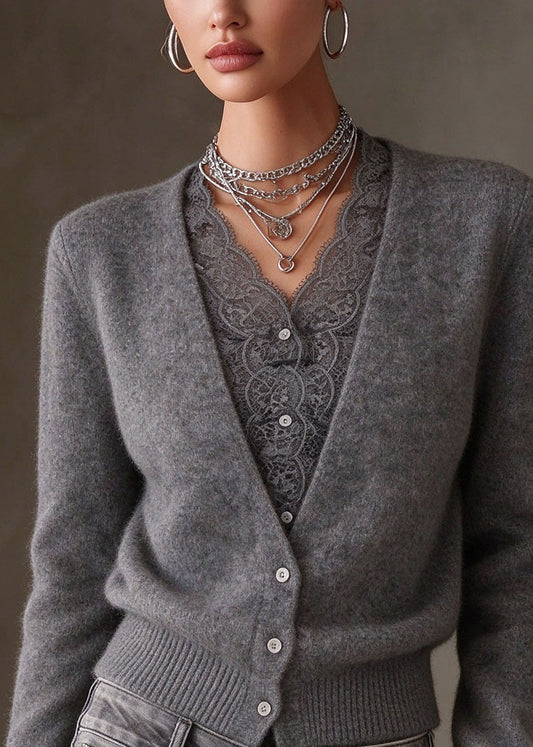 Chic Grey V Neck Lace Patchwork Cotton Knit Cardigans Long Sleeve