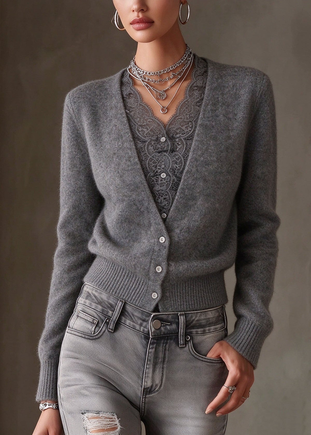 Chic Grey V Neck Lace Patchwork Cotton Knit Cardigans Long Sleeve