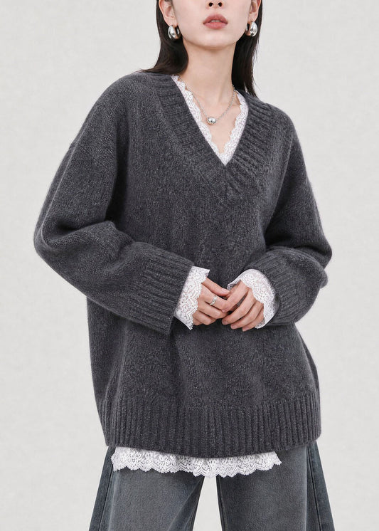 Chic Grey V Neck Lace Patchwork Knit Sweaters Top Fall