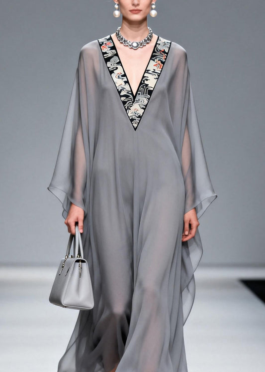 Chic Grey V Neck Patchwork Chiffon Long Dress Spring