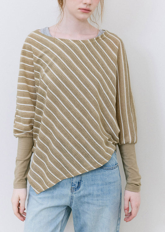 Chic Khaki Asymmetrical Striped Top Batwing Sleeve