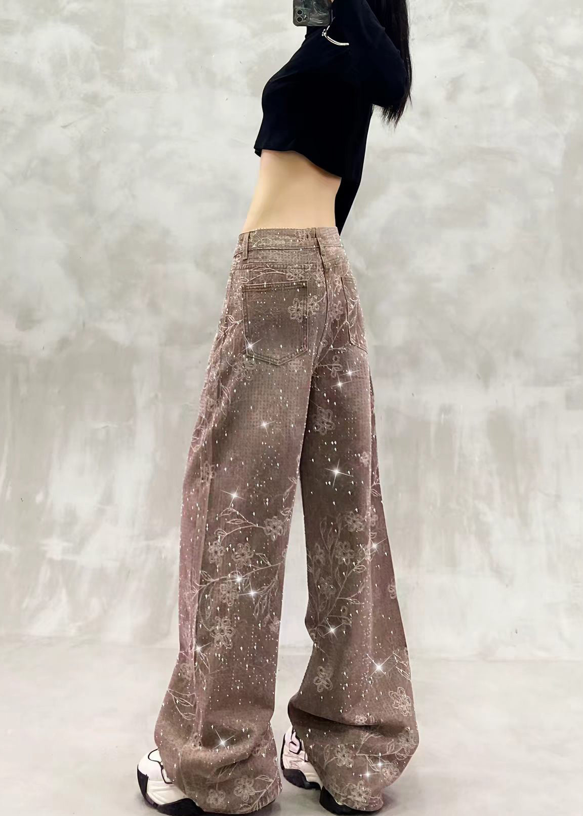 Chic Khaki Full Rhinestone High Waist Print Denim Wide Leg Pants Fall
