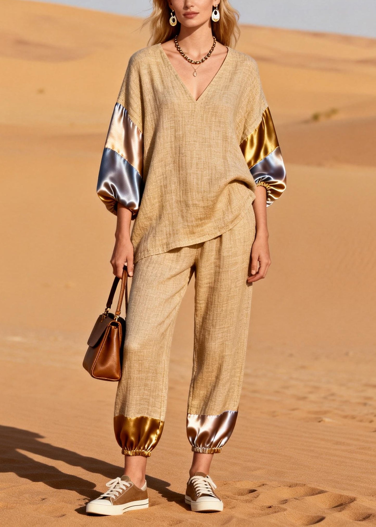Chic Khaki Oversized Patchwork Linen Two Pieces Set Spring