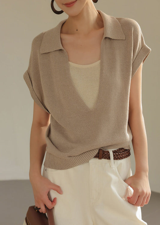 Chic Khaki Peter Pan Collar Patchwork Knit Fake Two Piece Shirt Top Summer