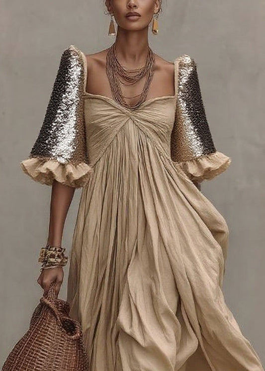 Chic Khaki Wrinkled Patchwork Maxi Dresses Short Sleeve