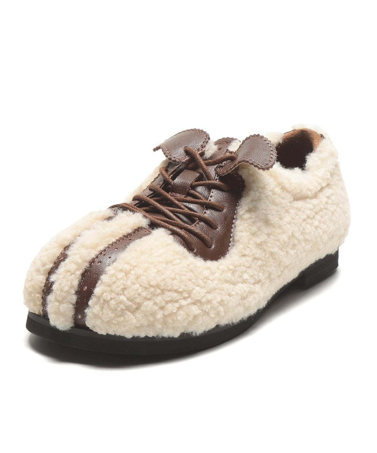 Chic Lace Up Splicing Flat Feet Shoes Beige Fuzzy Fur