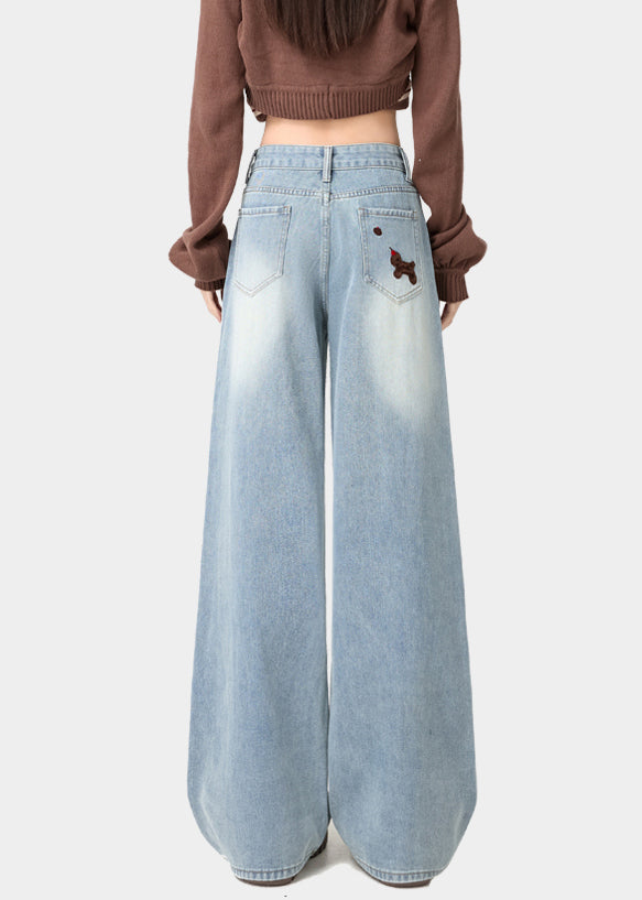 Chic Light Blue Little Dogs Embroidered High Waist Warm Fleece Jeans Spring