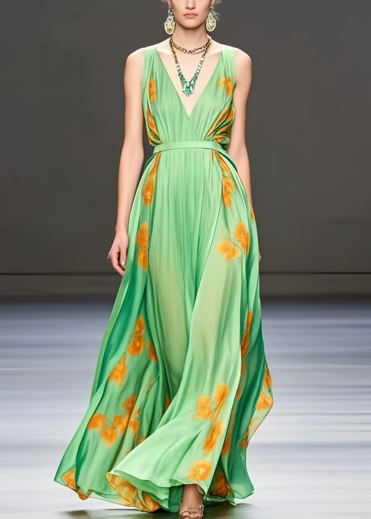 Chic Light Green Print Exra Large Hem Silk Cami Dress Summer