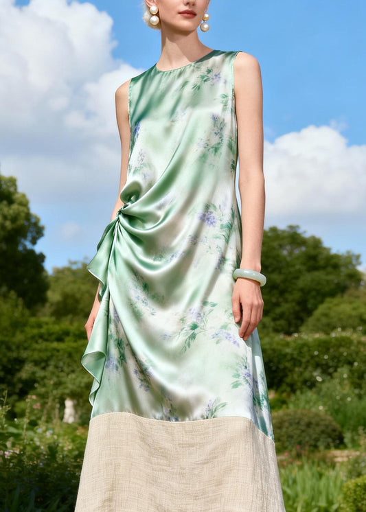 Chic O Neck Print Patchwork Linen Silk Long Dresses Sleeveless