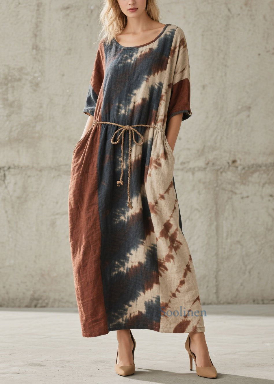 Chic O Neck Tie Dye Lace Up Pockets Cotton Dresses Summer