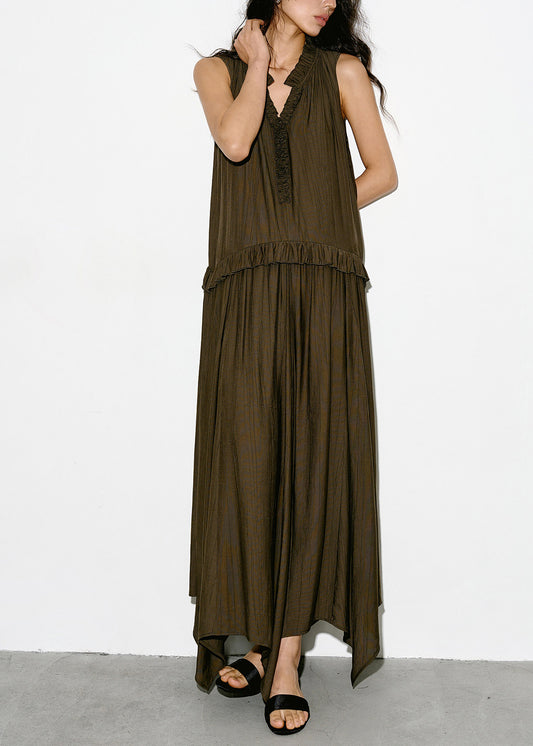 Chic Olive Green Asymmetrical V Neck Ruffled Dresses Sleeveless