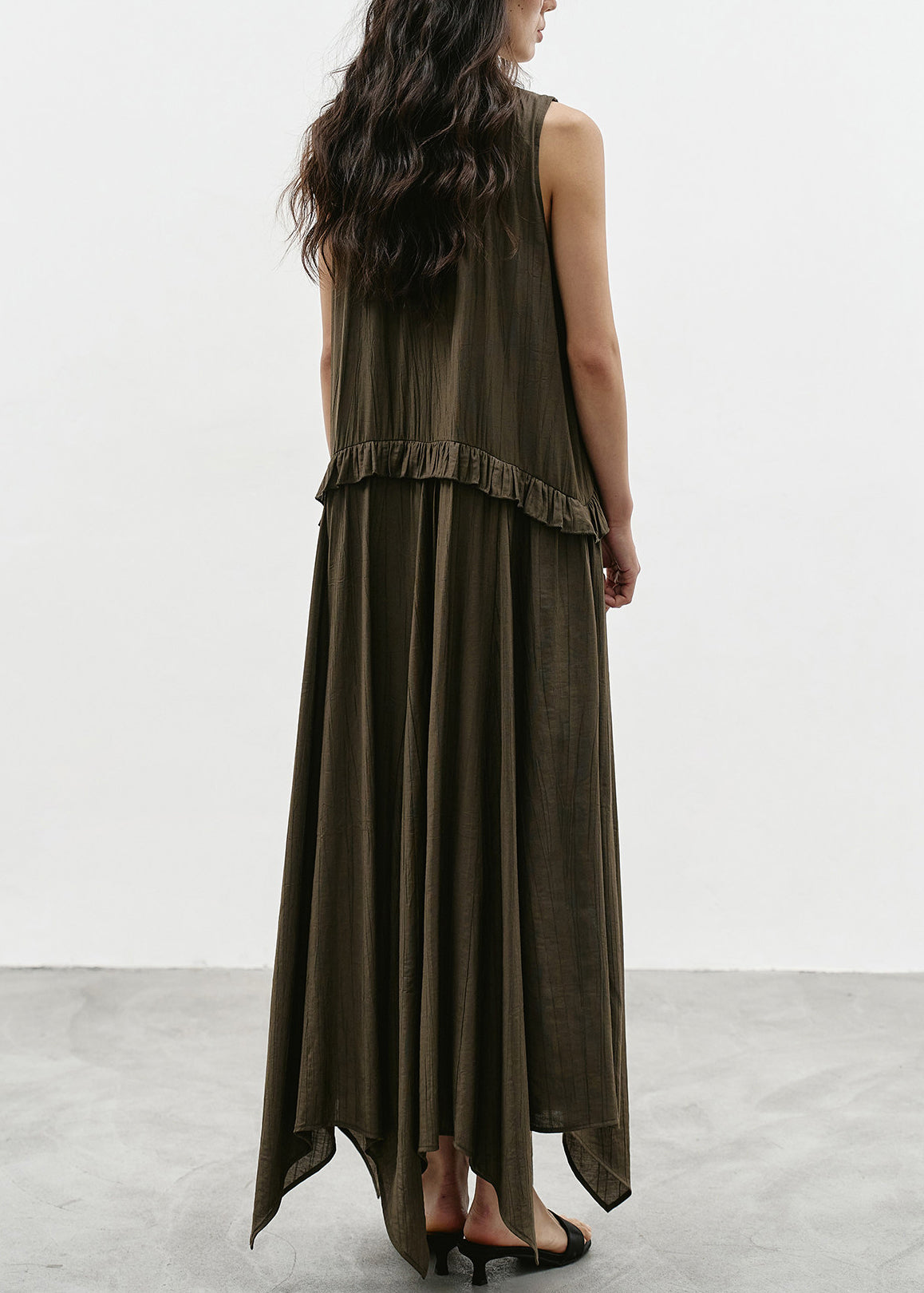 Chic Olive Green Asymmetrical V Neck Ruffled Dresses Sleeveless