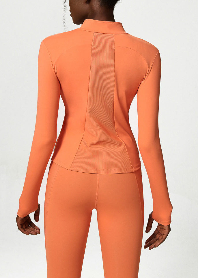 Chic Orange Stand Collar Zip Up Long Sleeve Patchwork Athletic Yoga Top Coat