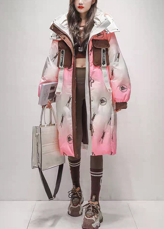 Chic Pink Gradient Color Hooded Zippered Duck Down Long Coats Winter
