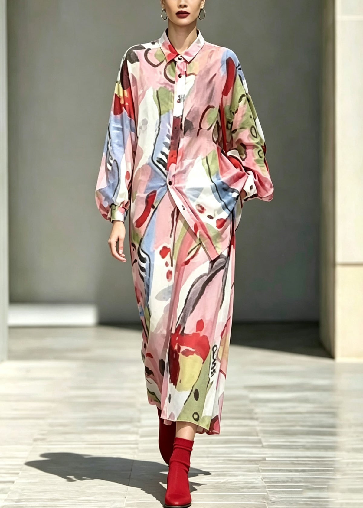 Chic Pink Print Shirts And Skirts Linen Two Piece Set Outfits Fall