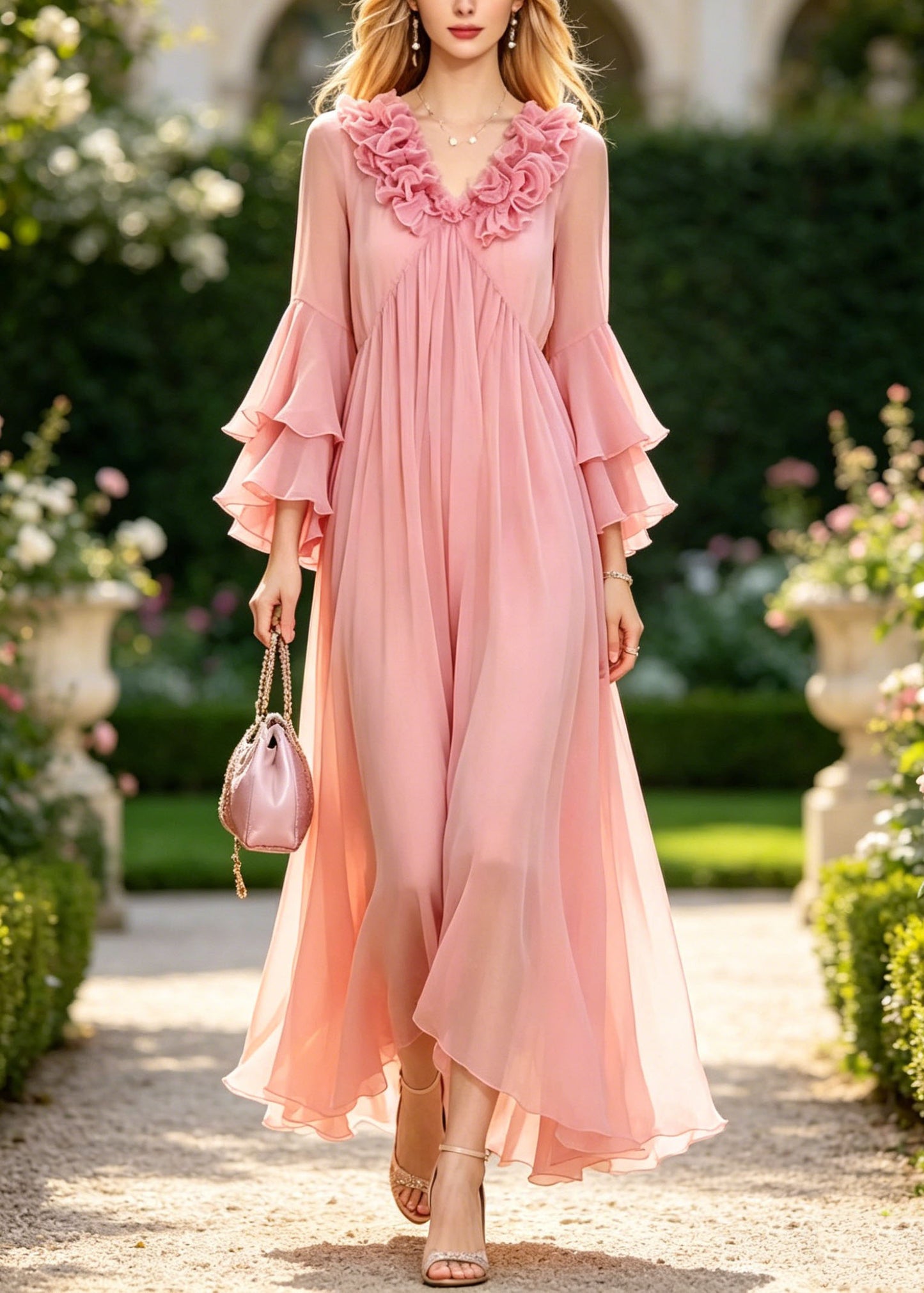 Chic Pink Ruffled Patchwork Chiffon Vacation Dress Flare Sleeve