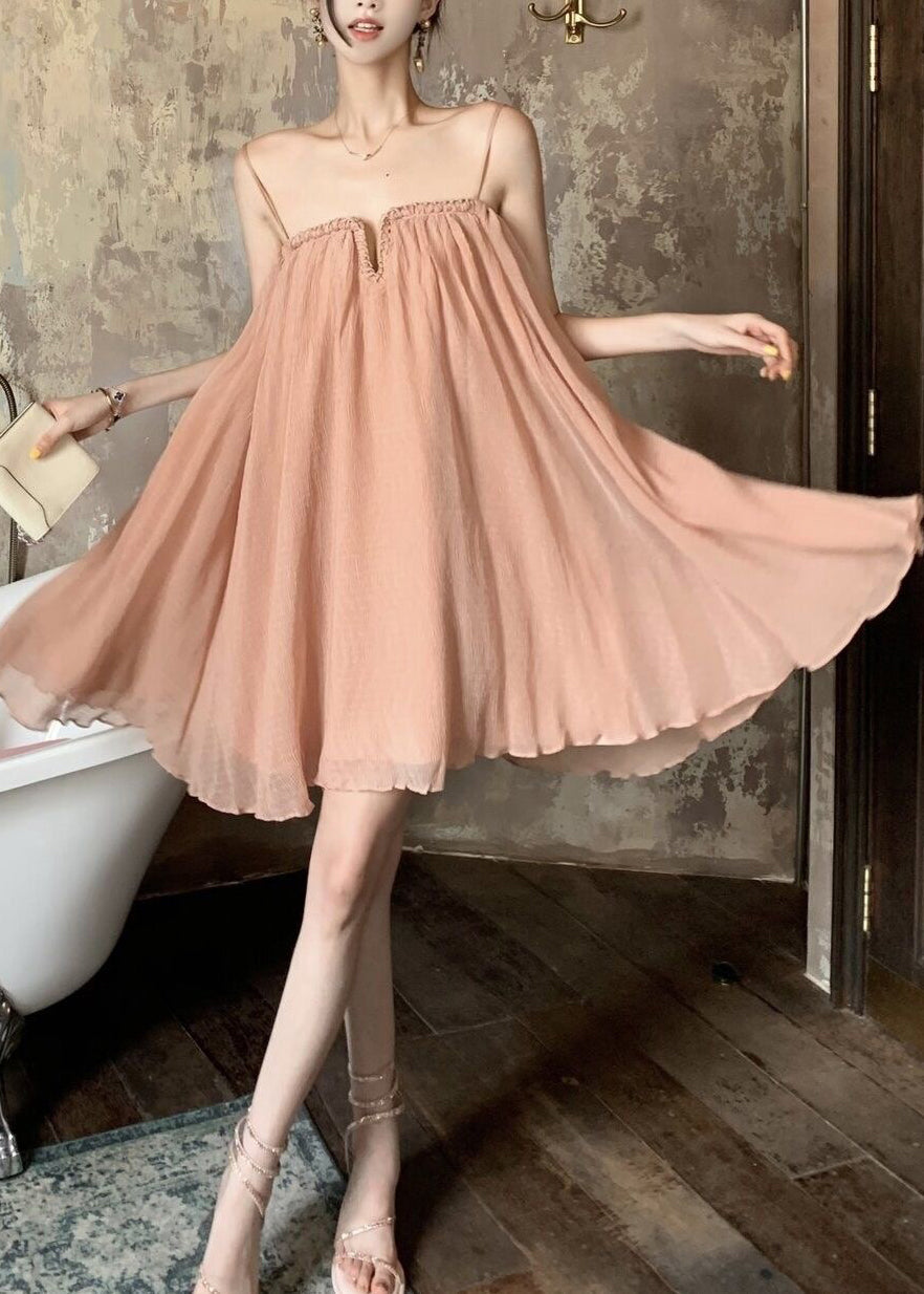 Chic Pink Wrinkled Tulle Spaghetti Strap Dress Summer
