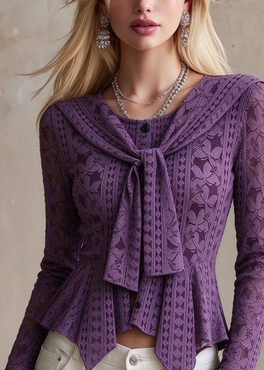 Chic Purple O Neck Asymmetrical Design Cotton Shirt Tops Fall