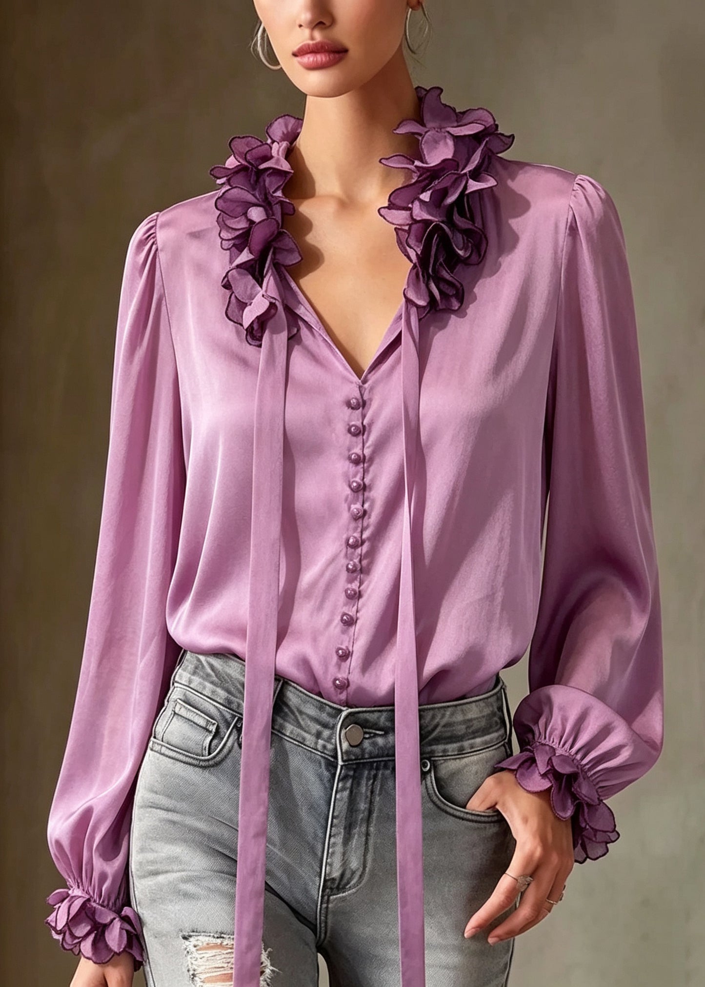 Chic Purple Ruffled Floral Patchwork Silk Top Fall