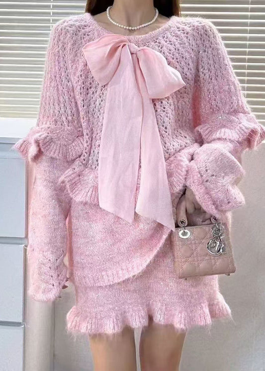 Chic Purple Ruffled Hollow Out Bow Knit Two Piece Set Winter