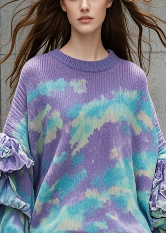 Chic Purple Ruffled Tie Dye Knit Sweater Tops Fall